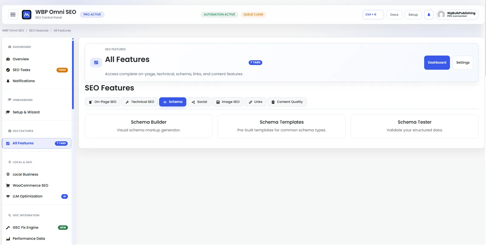 Full schema library: Article, Product, LocalBusiness, FAQ, HowTo, Course, Recipe and more.
