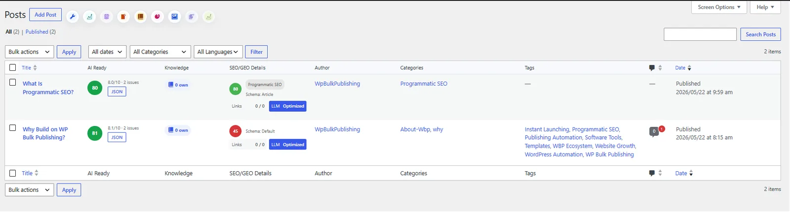 Custom columns on the CPT table showing SEO score, focus keyword, and GEO status.